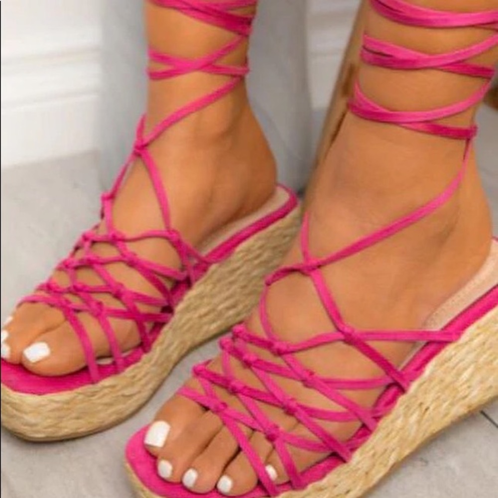 Pink Espadrille Tie Up Wedge Sandals
